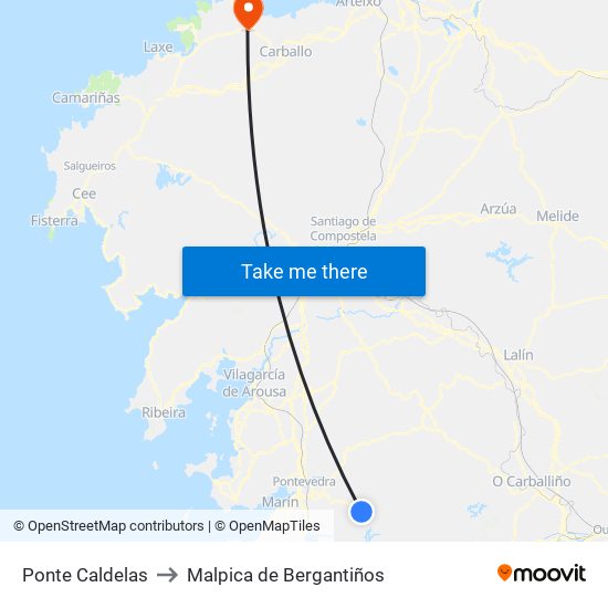 Ponte Caldelas to Malpica de Bergantiños map