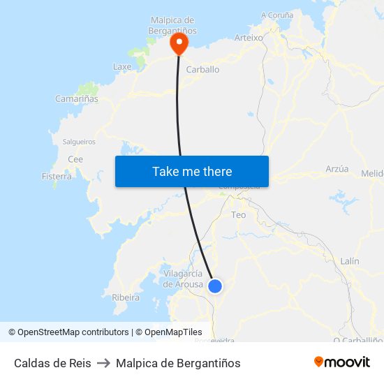 Caldas de Reis to Malpica de Bergantiños map