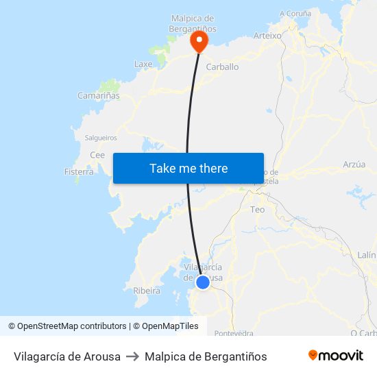 Vilagarcía de Arousa to Malpica de Bergantiños map