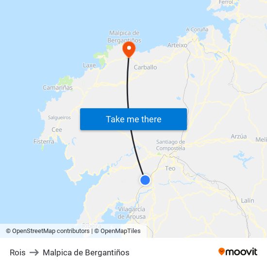 Rois to Malpica de Bergantiños map