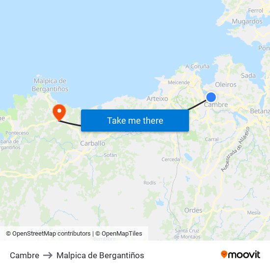 Cambre to Malpica de Bergantiños map