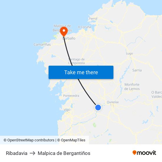 Ribadavia to Malpica de Bergantiños map