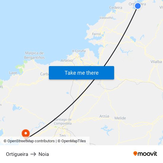 Ortigueira to Noia map