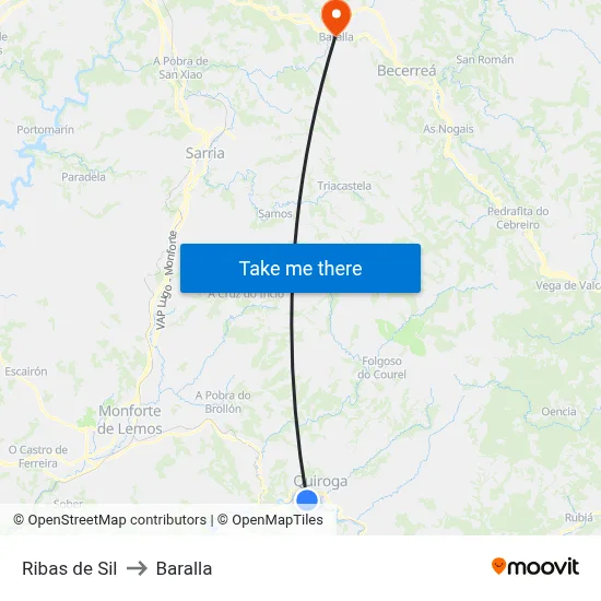 Ribas de Sil to Baralla map