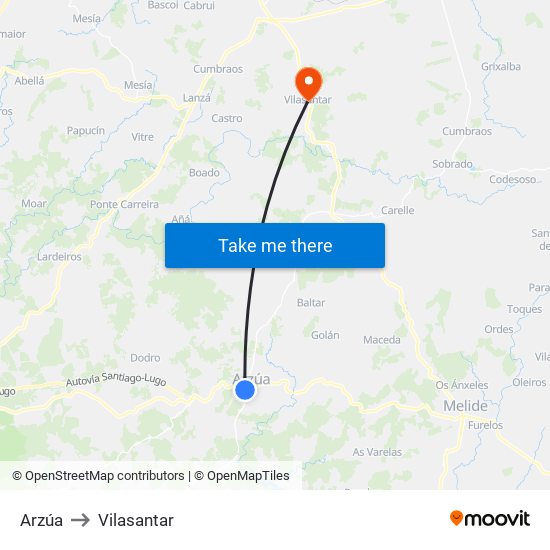 Arzúa to Vilasantar map
