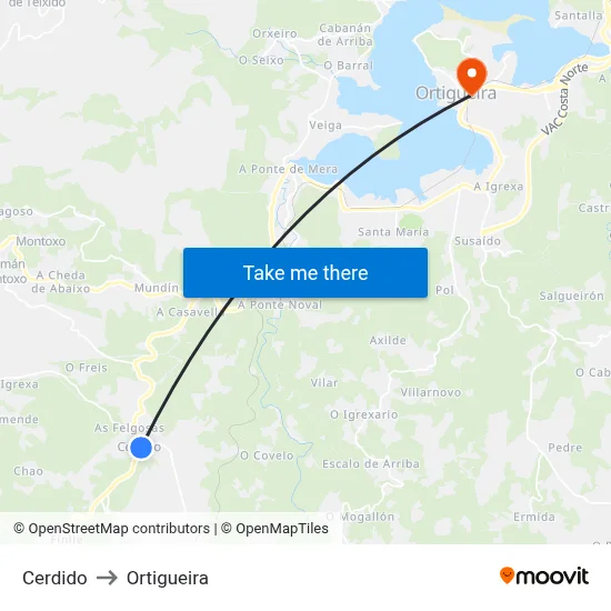 Cerdido to Ortigueira map
