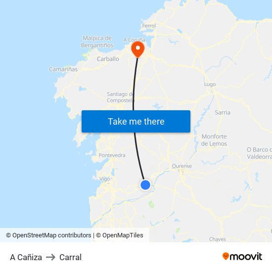 A Cañiza to Carral map