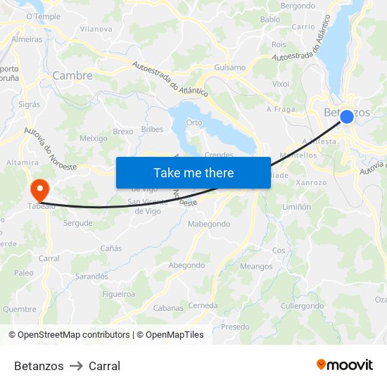 Betanzos to Carral map