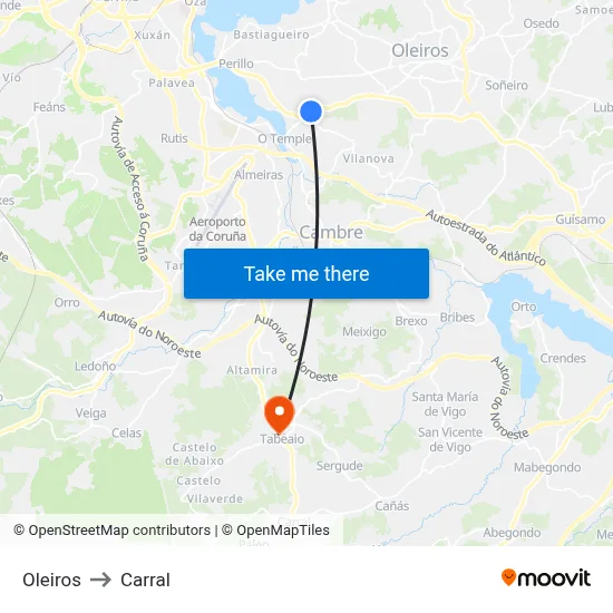 Oleiros to Carral map