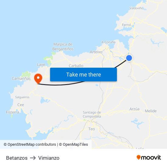 Betanzos to Vimianzo map