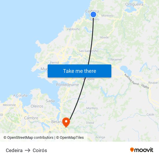 Cedeira to Coirós map