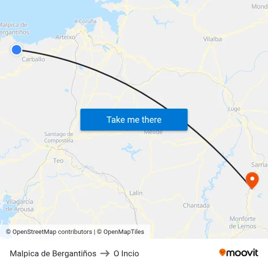 Malpica de Bergantiños to O Incio map