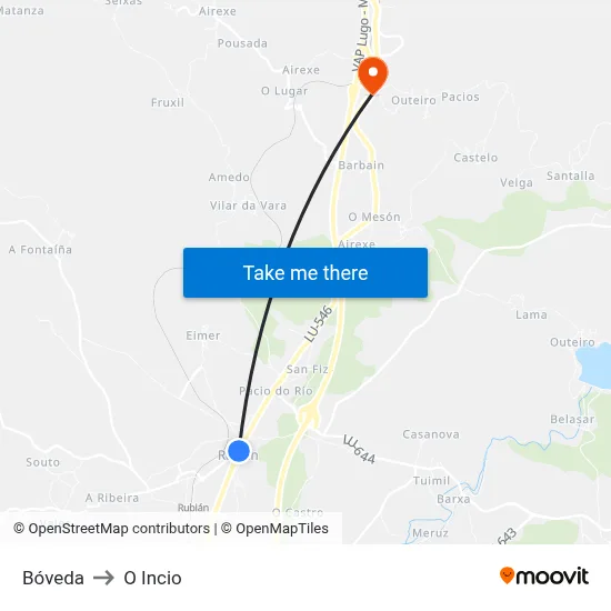 Bóveda to O Incio map
