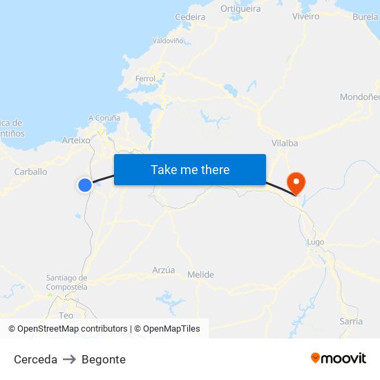 Cerceda to Begonte map