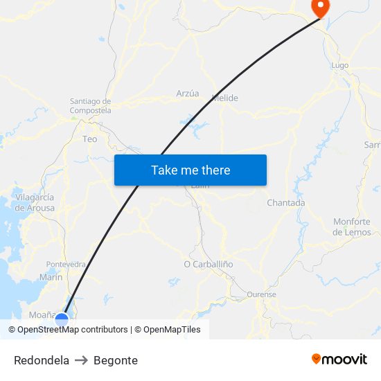 Redondela to Begonte map