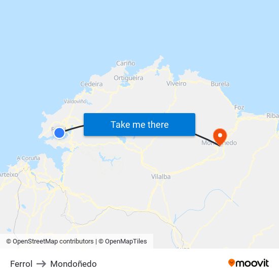 Ferrol to Mondoñedo map