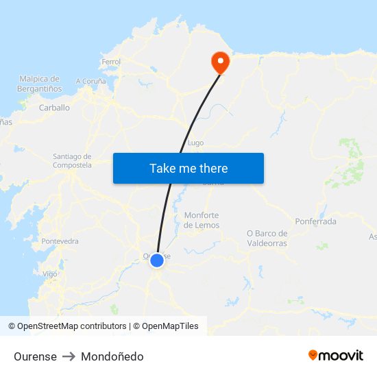 Ourense to Mondoñedo map