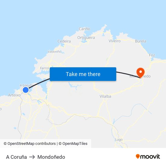 A Coruña to Mondoñedo map