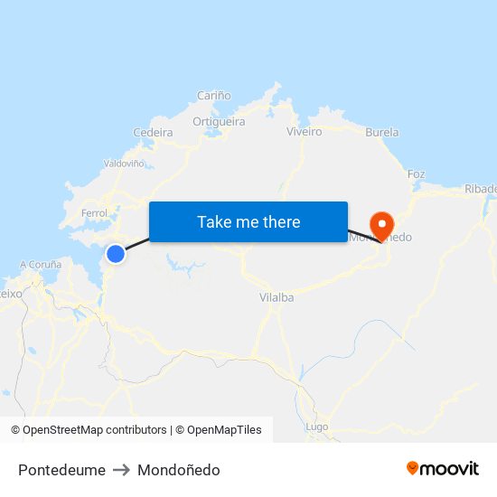 Pontedeume to Mondoñedo map