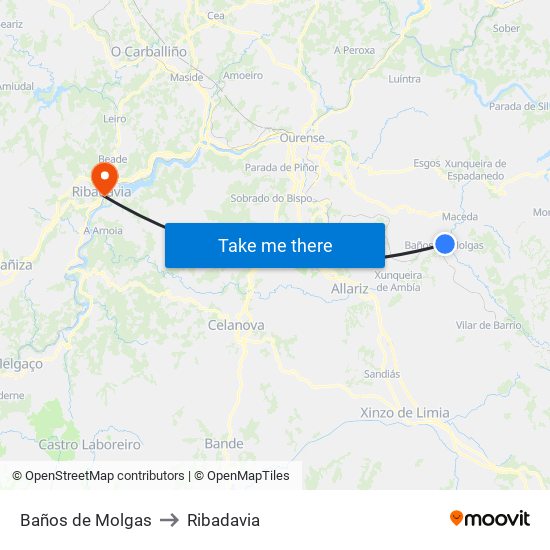 Baños de Molgas to Ribadavia map