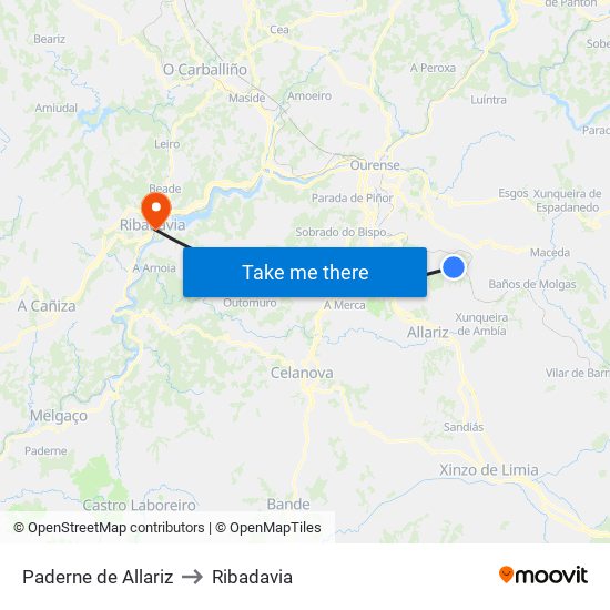 Paderne de Allariz to Ribadavia map