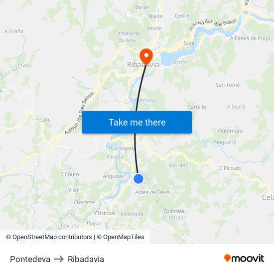 Pontedeva to Ribadavia map