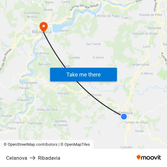 Celanova to Ribadavia map
