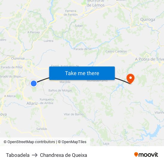 Taboadela to Chandrexa de Queixa map