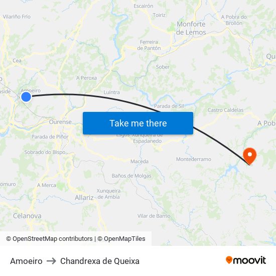 Amoeiro to Chandrexa de Queixa map