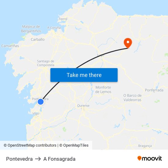 Pontevedra to A Fonsagrada map