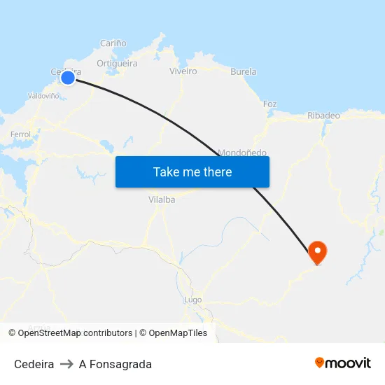 Cedeira to A Fonsagrada map