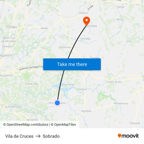 Vila de Cruces to Sobrado map