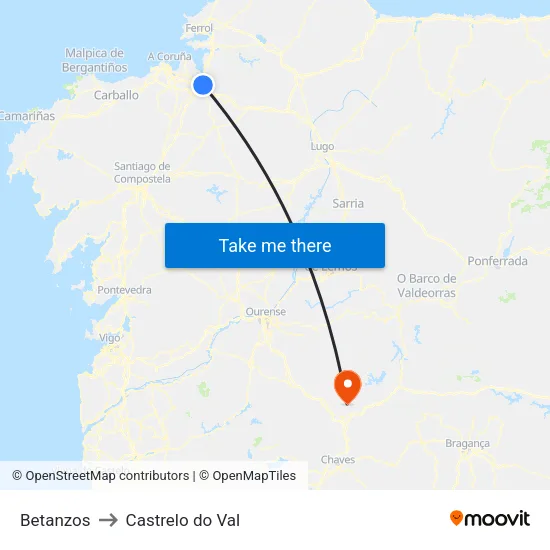 Betanzos to Castrelo do Val map