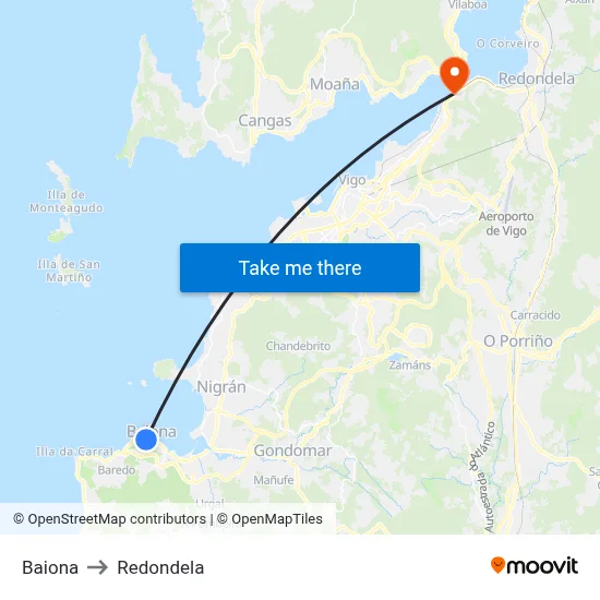 Baiona to Redondela map