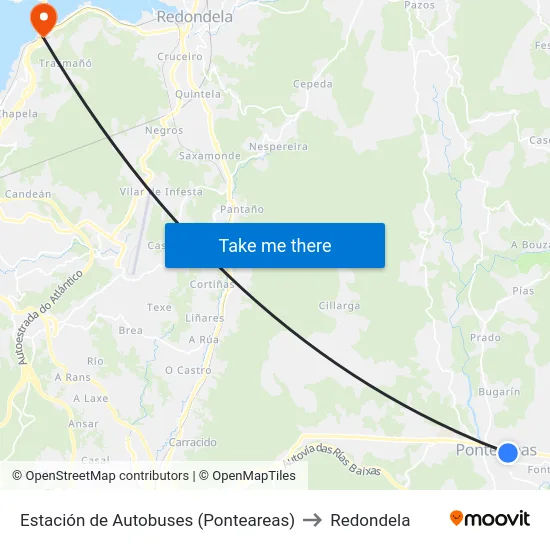 Estación de Autobuses (Ponteareas) to Redondela map