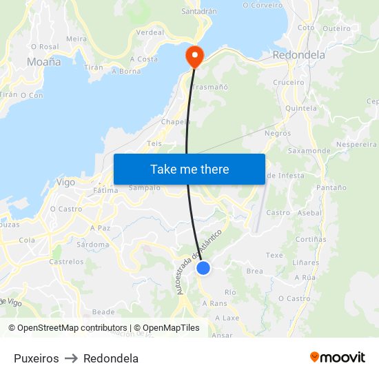 Puxeiros to Redondela map