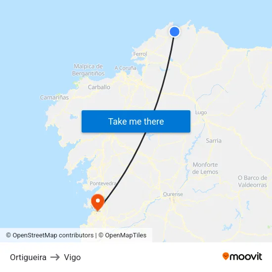 Ortigueira to Vigo map