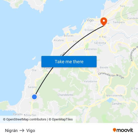 Nigrán to Vigo map