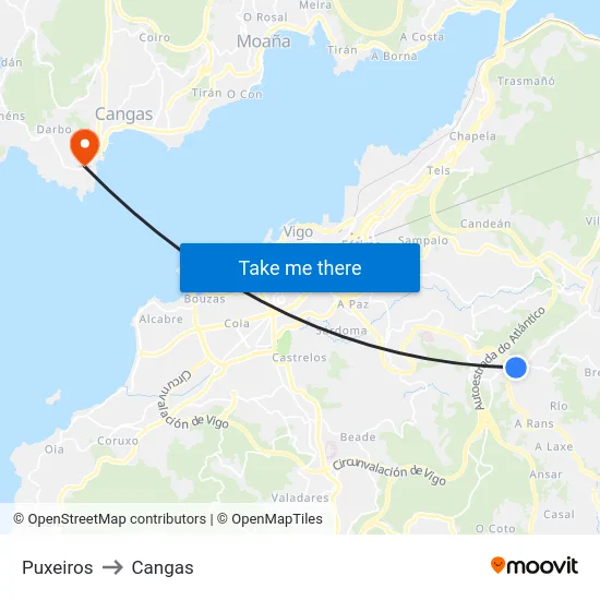 Puxeiros to Cangas map