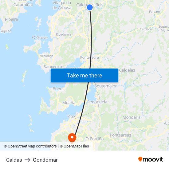 Caldas to Gondomar map