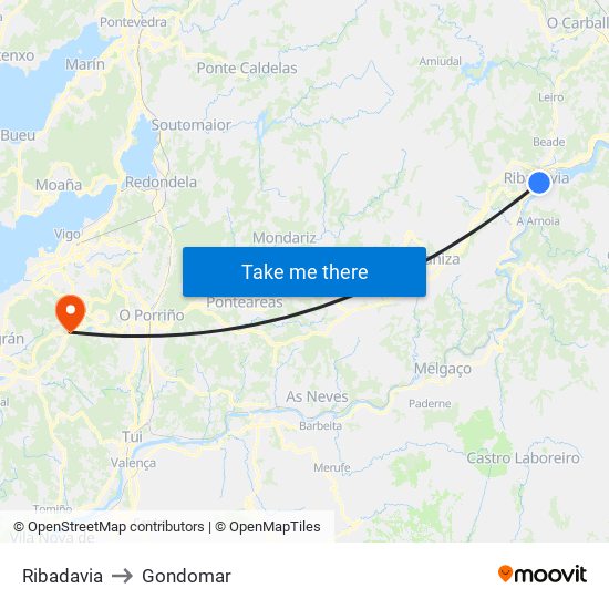 Ribadavia to Gondomar map