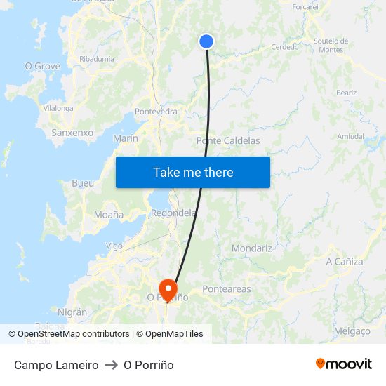 Campo Lameiro to O Porriño map