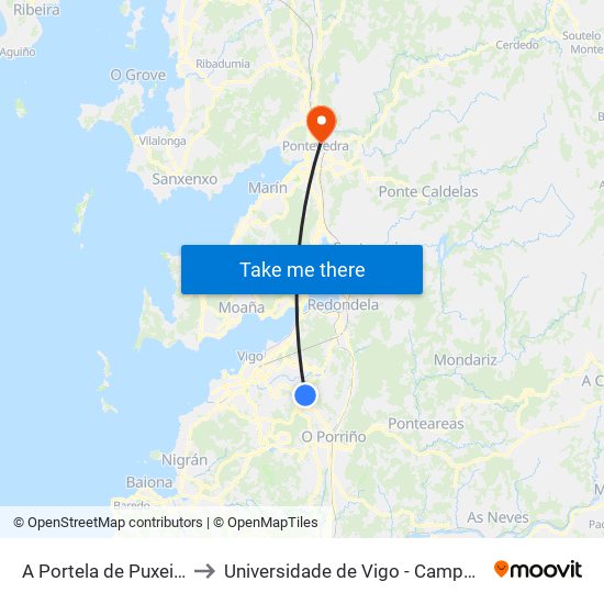 A Portela de Puxeiros (Mos) to Universidade de Vigo - Campus da Xunqueira map