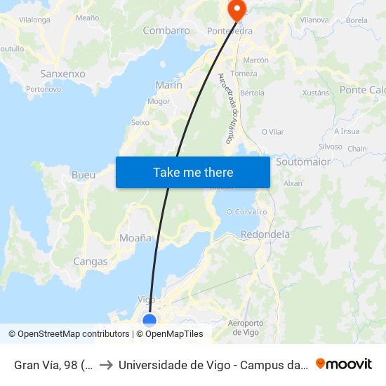 Gran Vía, 98 (Vigo) to Universidade de Vigo - Campus da Xunqueira map