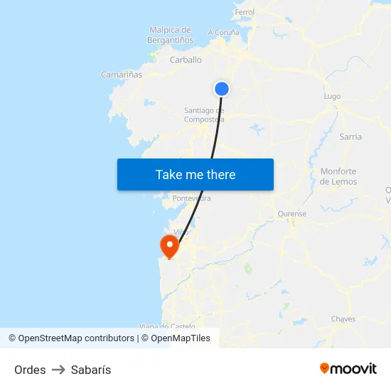 Ordes to Sabarís map