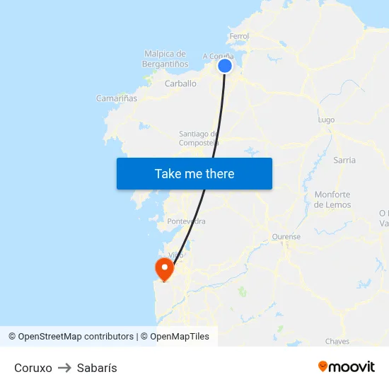 Coruxo to Sabarís map