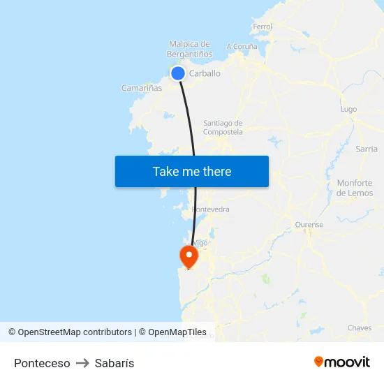 Ponteceso to Sabarís map