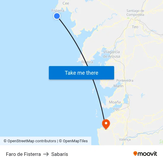 Faro de Fisterra to Sabarís map