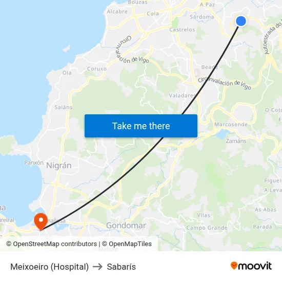 Meixoeiro (Hospital) to Sabarís map