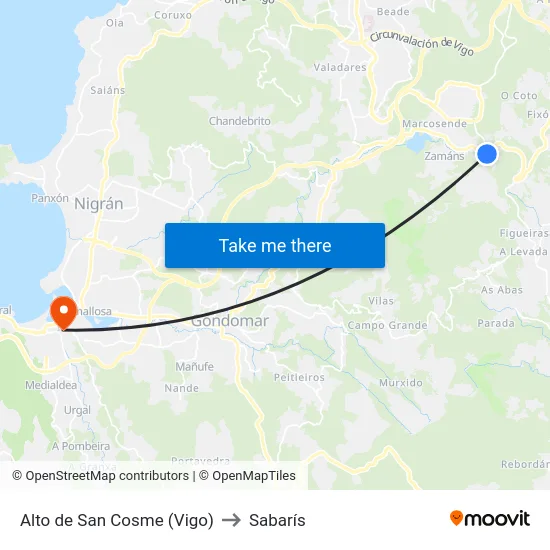 Alto de San Cosme (Vigo) to Sabarís map